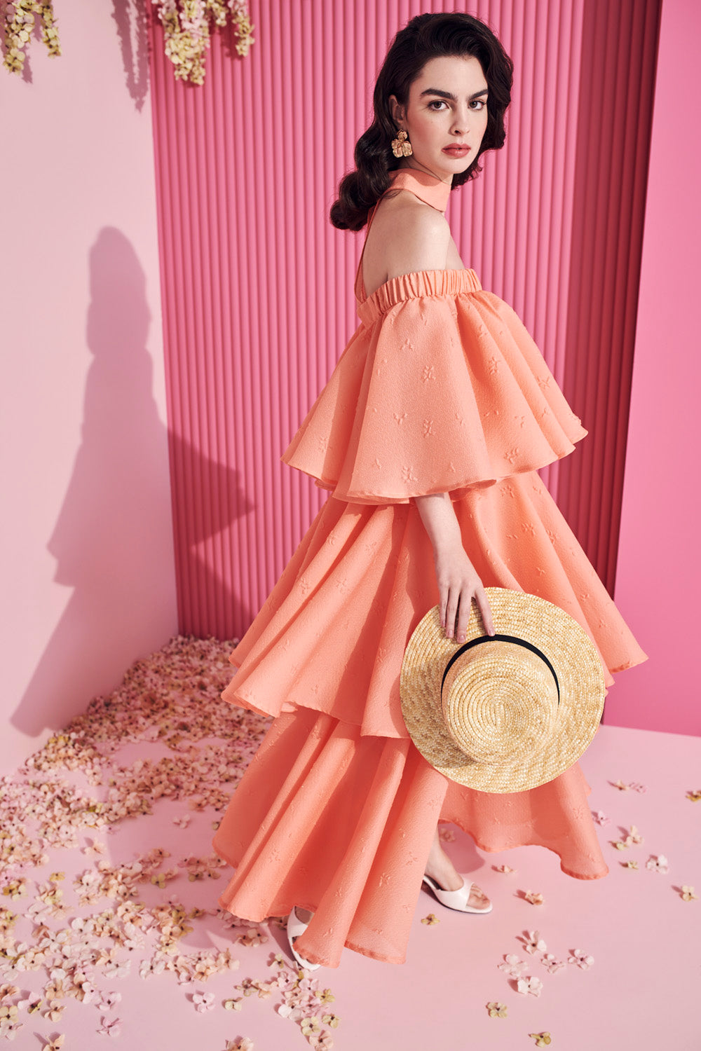 DRESS WITH OFF-SHOULDER NECKLINE, CHOKER AND RUFFLES