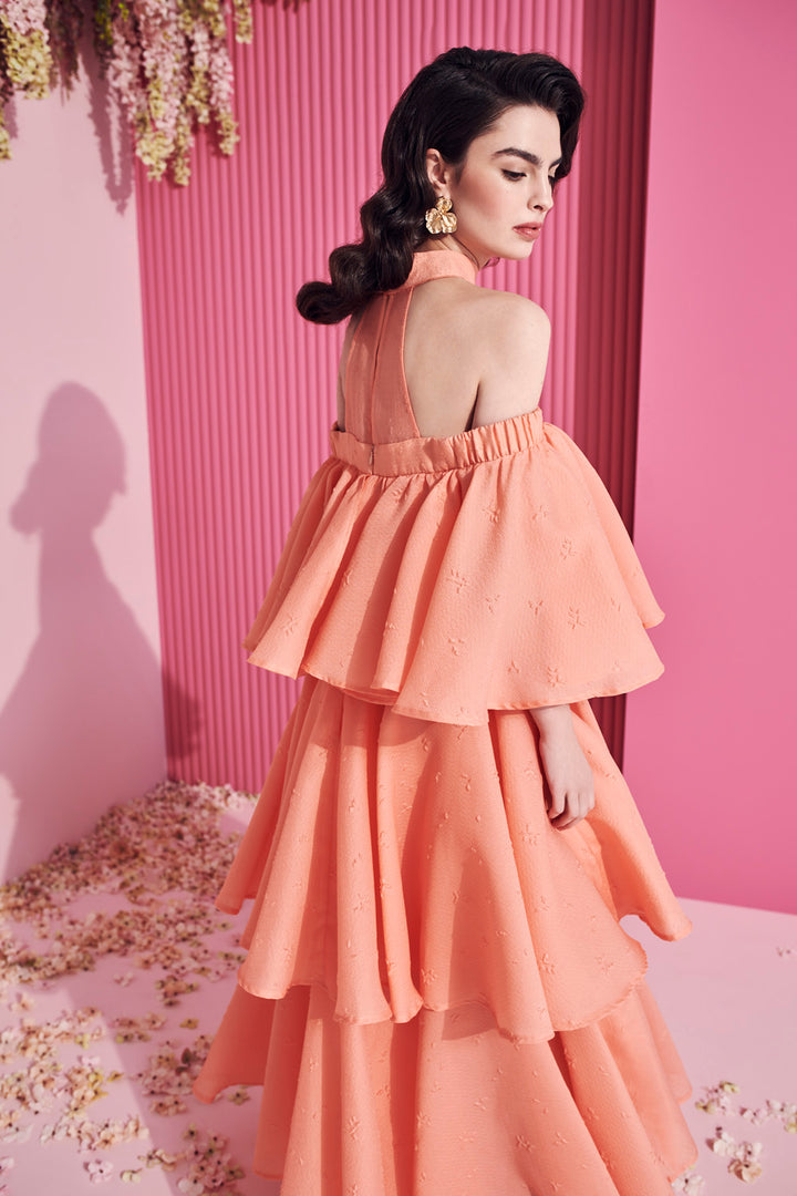 DRESS WITH OFF-SHOULDER NECKLINE, CHOKER AND RUFFLES