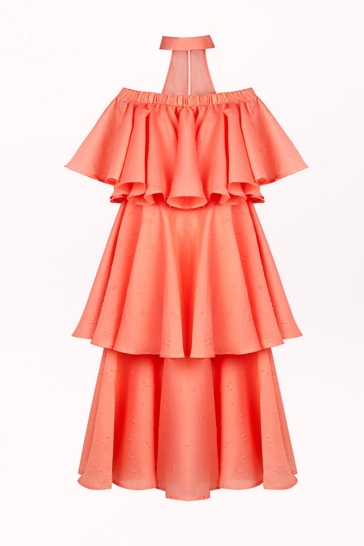 DRESS WITH OFF-SHOULDER NECKLINE, CHOKER AND RUFFLES
