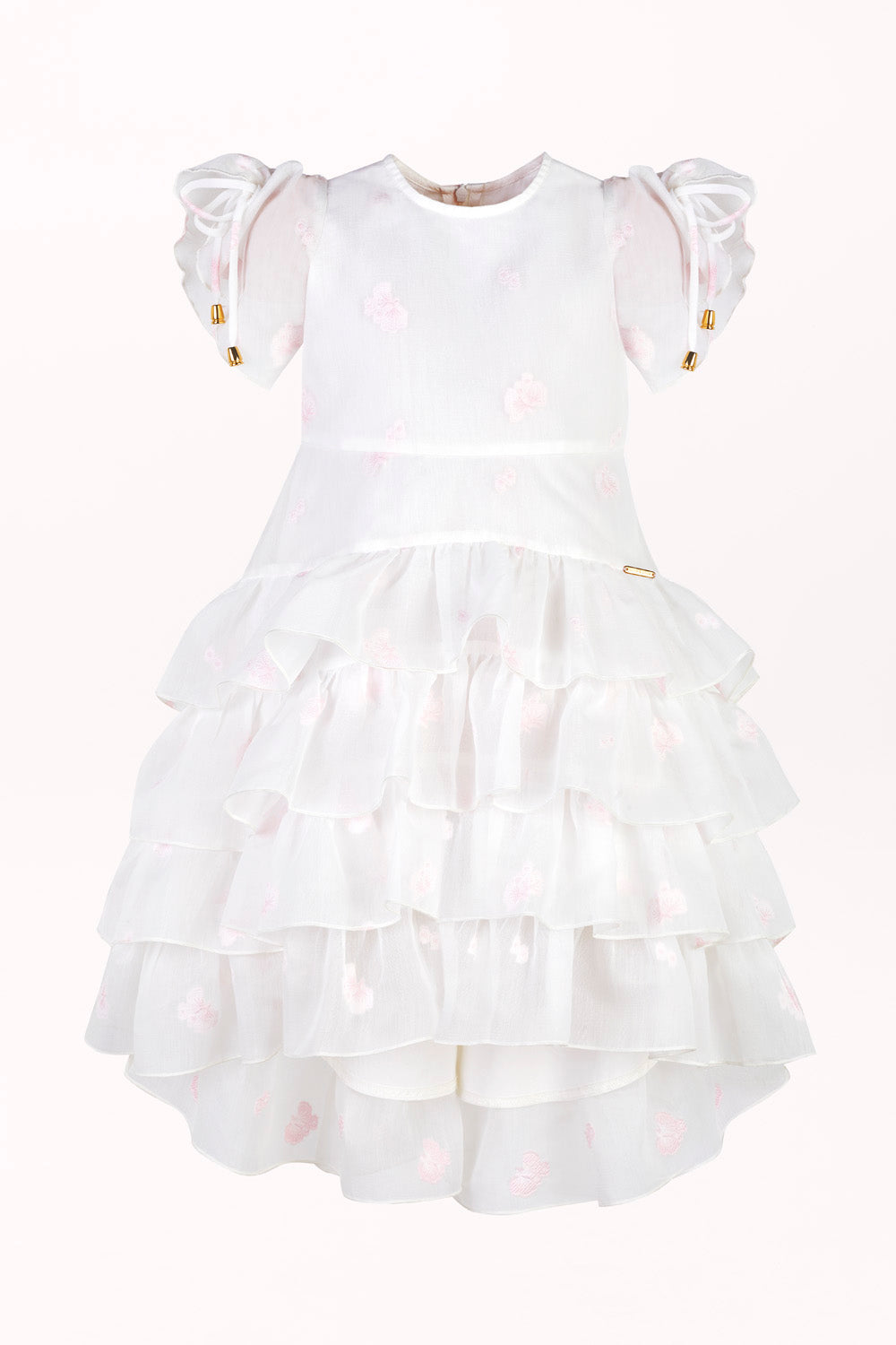 DRESS IN EMBROIDERED FLORAL FABRIC WITH RUFFLES