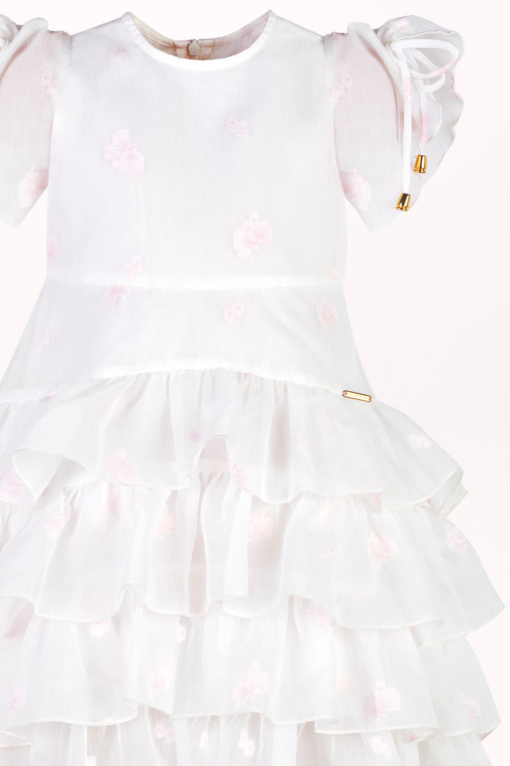 DRESS IN EMBROIDERED FLORAL FABRIC WITH RUFFLES