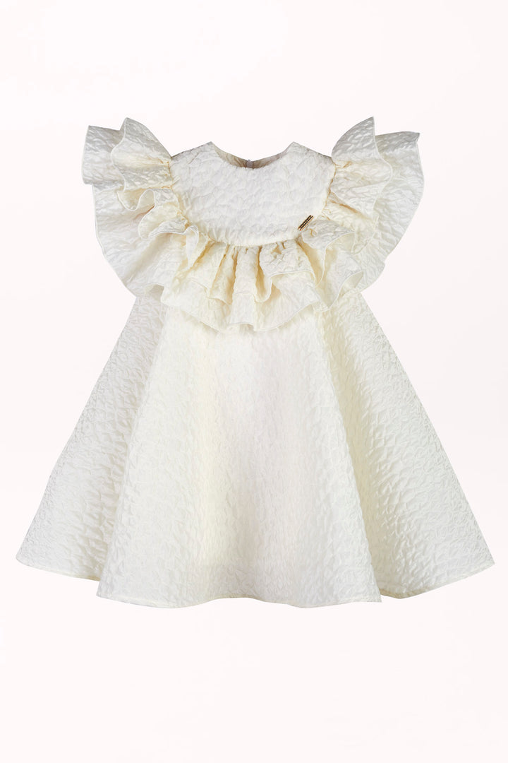 DRESS IN BUBBLE-TEXTURED FABRIC WITH A RUFFLE AT THE NECKLINE