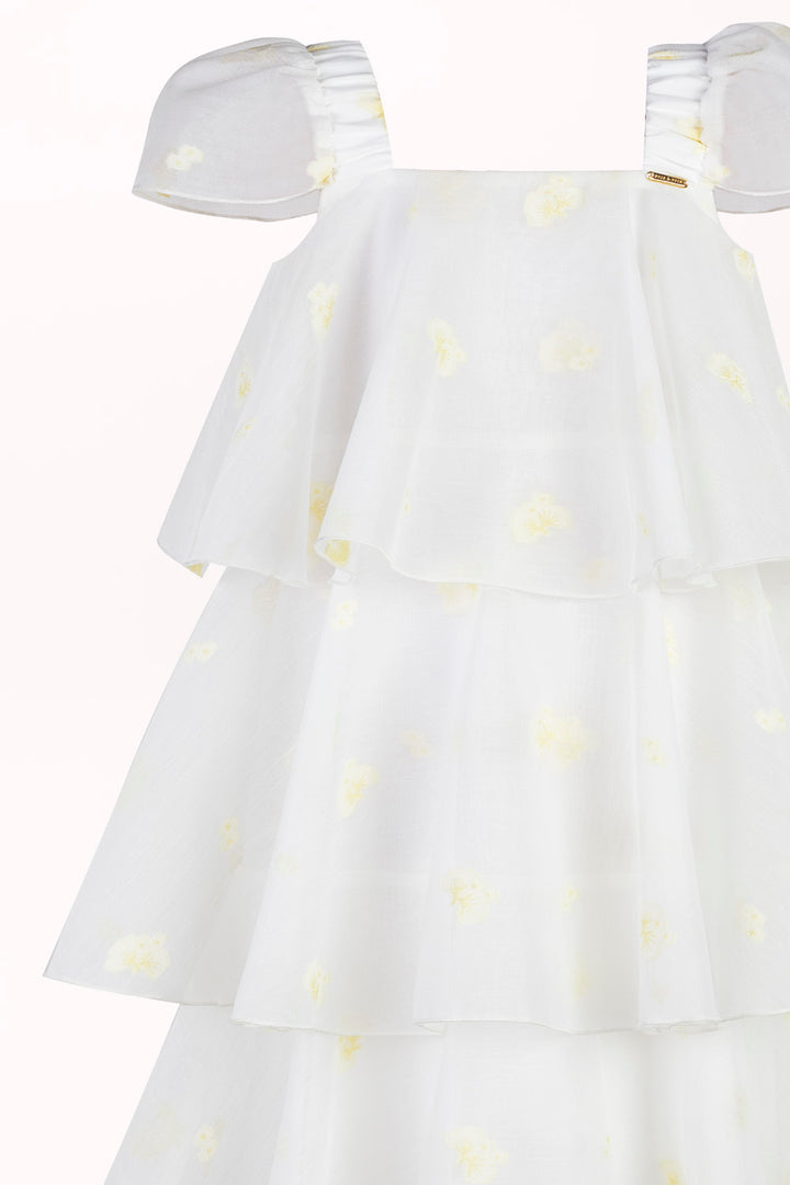 DRESS WITH EMBROIDERED FLOWERS AND RUFFLES