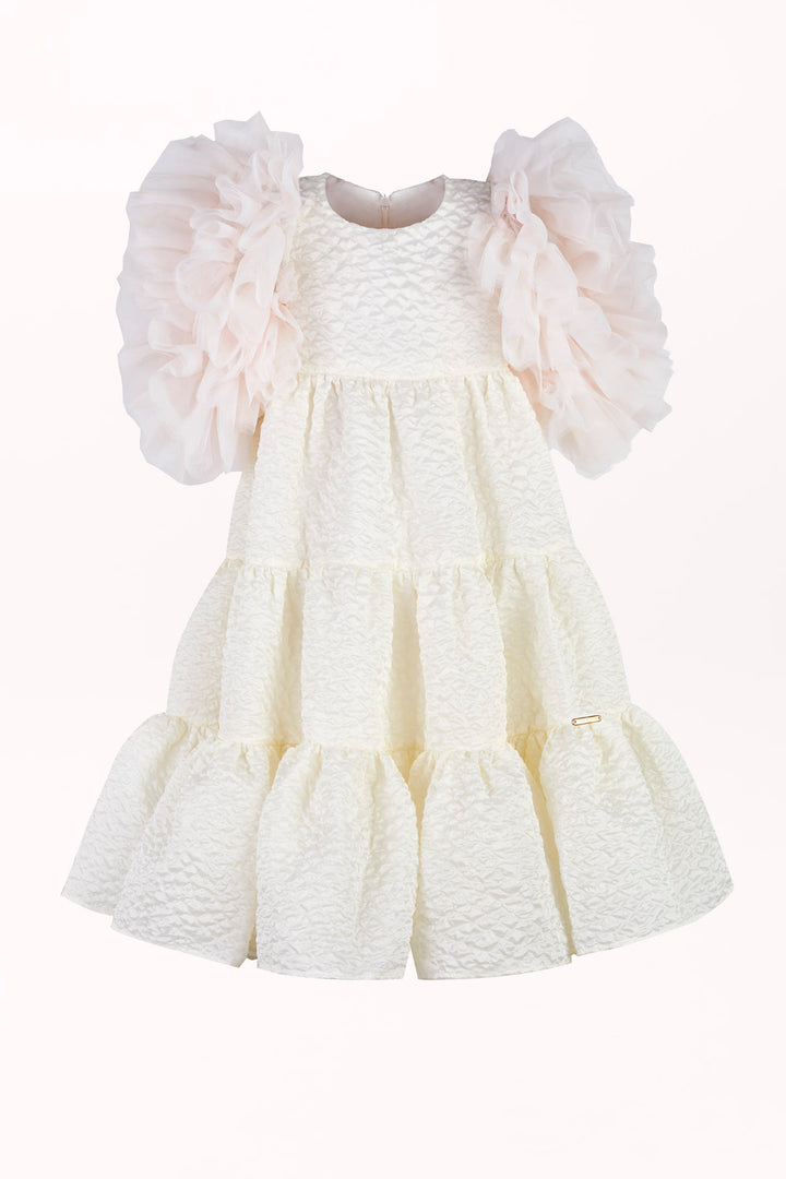 DRESS IN BUBBLE-TEXTURED FABRIC WITH TULLE SLEEVES