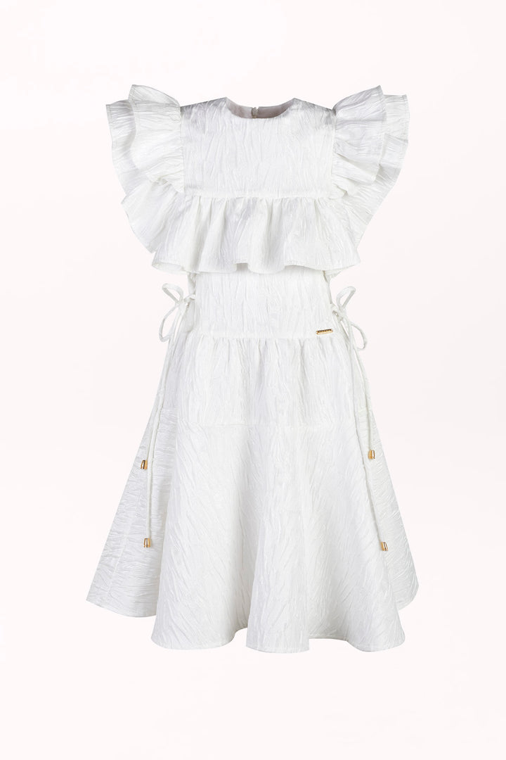 DRESS WITH A RUFFLE-TRIMMED NECKLINE AND SIDE TIES