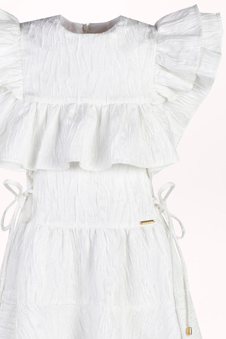 DRESS WITH A RUFFLE-TRIMMED NECKLINE AND SIDE TIES