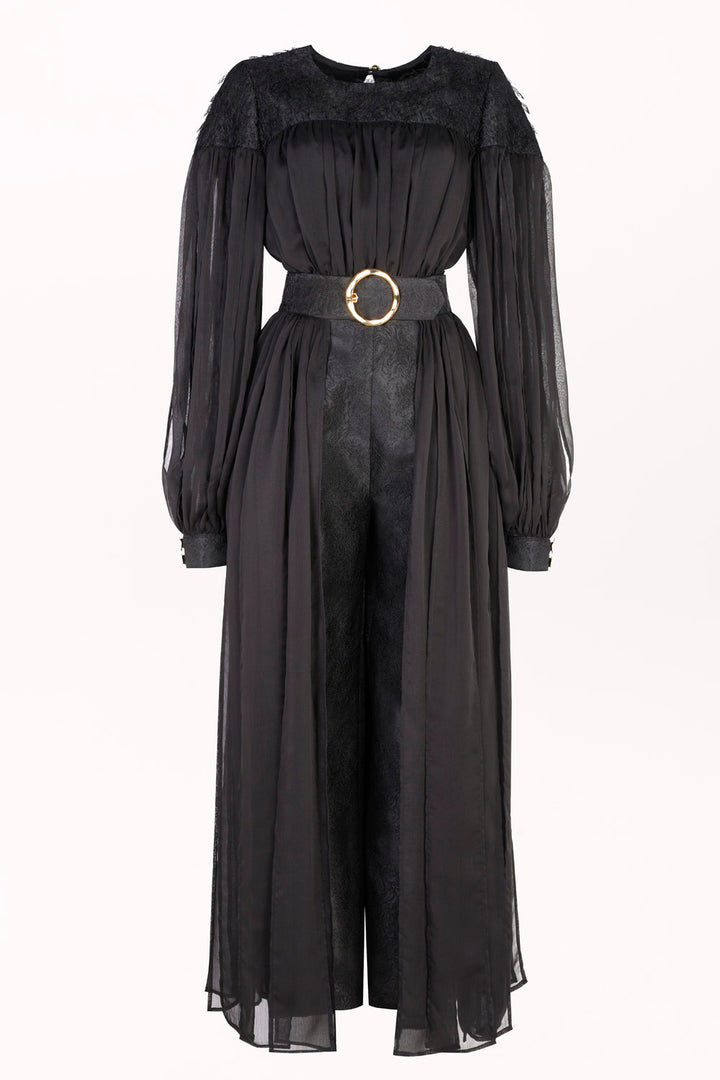 JUMPSUIT WITH PLEATED SLEEVES AND SASHES
