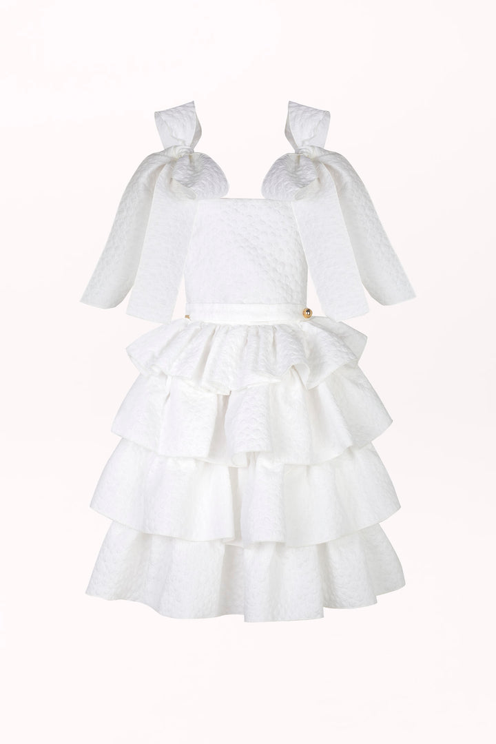 DRESS WITH FRILLS AND BOWS ON THE SHOULDER