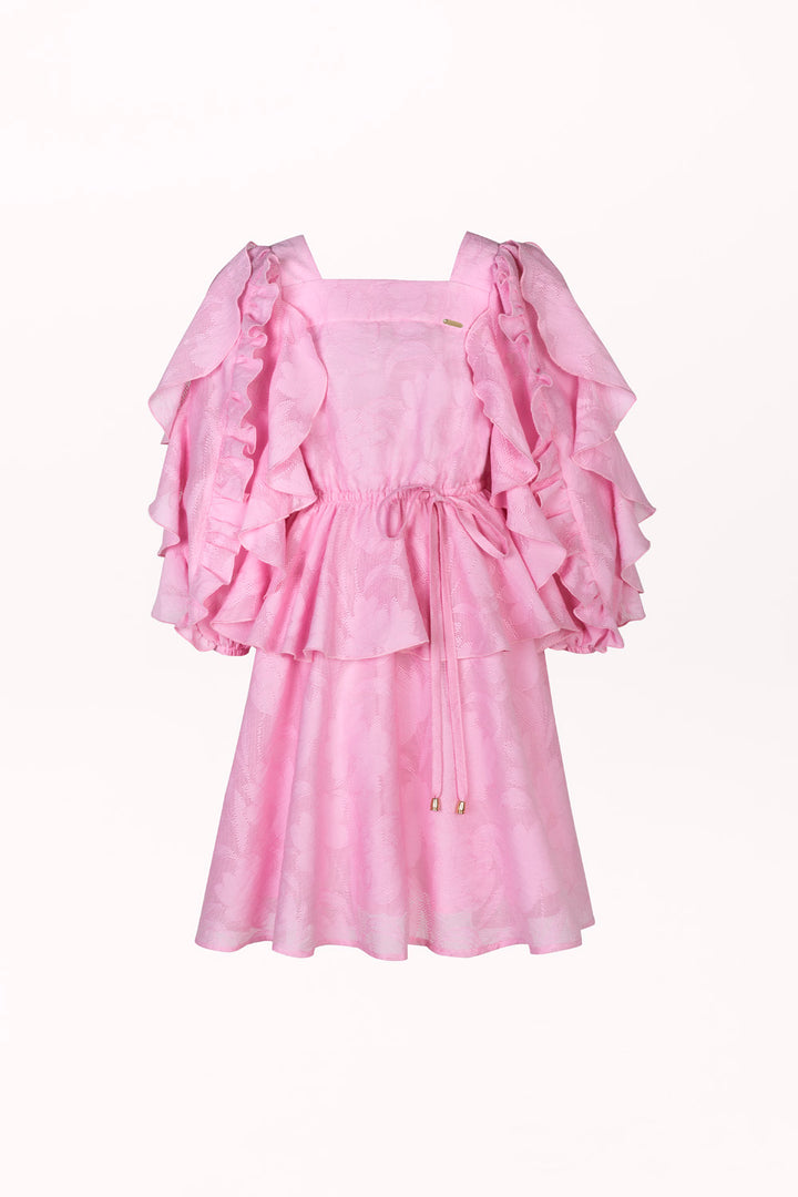 DRESS WITH FRILLS AND A RIBBED WAIST