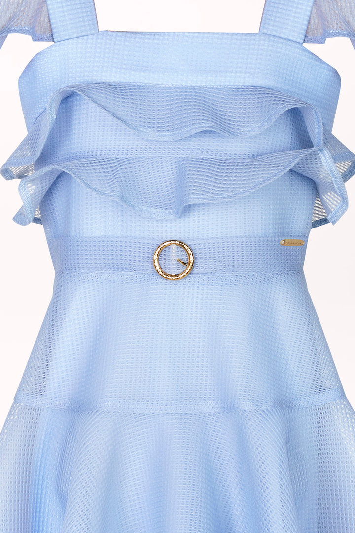 DRESS WITH FRILLS AND A BELT WITH A GOLDEN BUCKLE