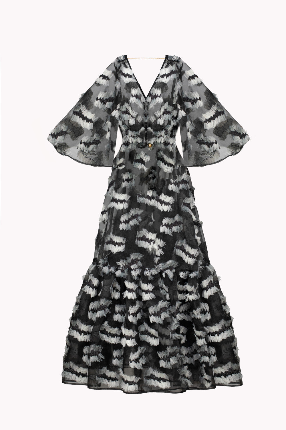 LONG SEMI-TRANSPARENT FIORE CAPE WITH FEATHERS