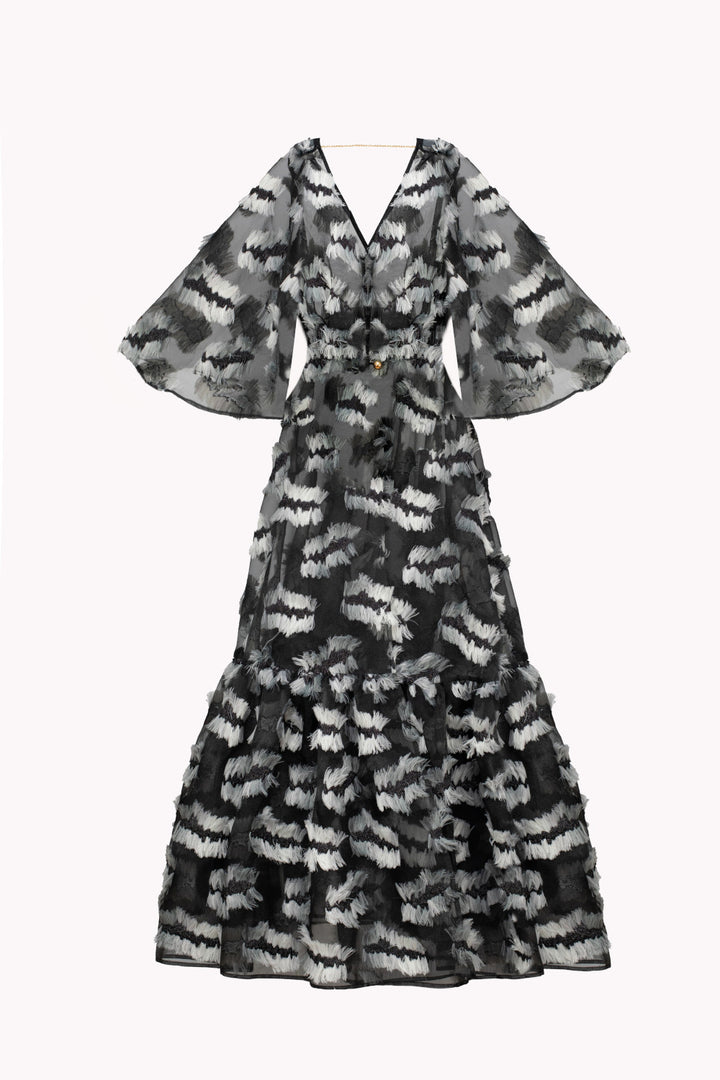 LONG SEMI-TRANSPARENT FIORE CAPE WITH FEATHERS