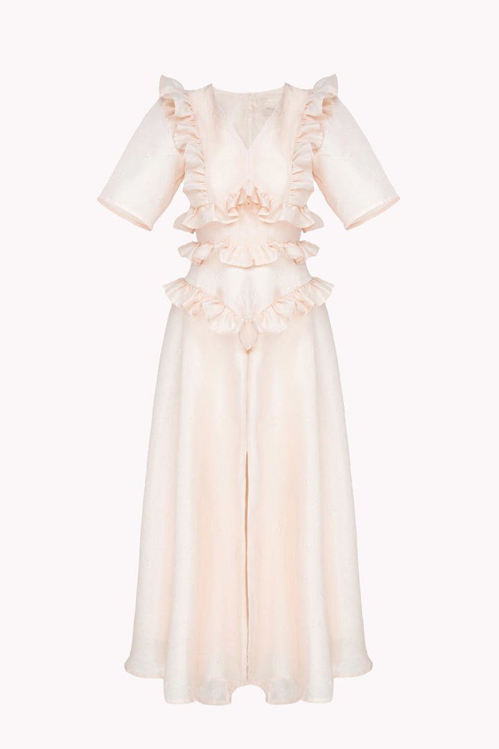 ALEXA MIDI DRESS WITH SLIT AND RUFFLES