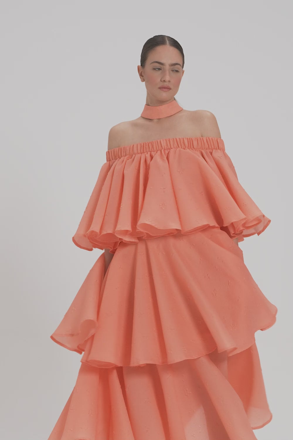 DRESS WITH OFF-SHOULDER NECKLINE, CHOKER AND RUFFLES