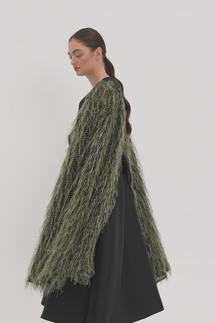 ENVELOPE DRESS WITH A FEATHER CAPE