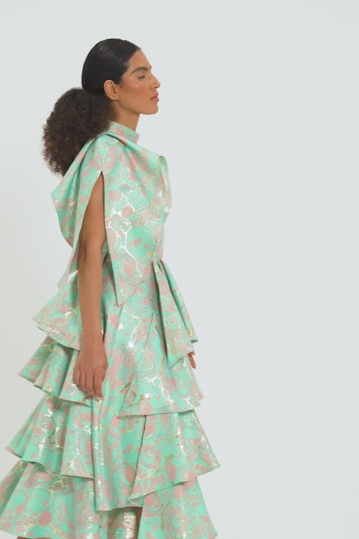 MIDI DRESS WITH CASCADING RUFFLES